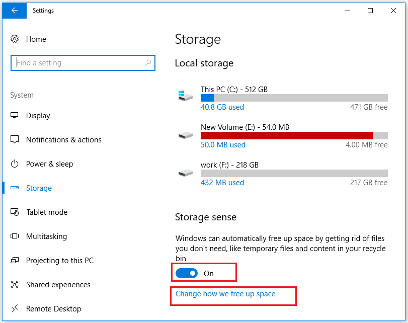 select Change how we free up space option