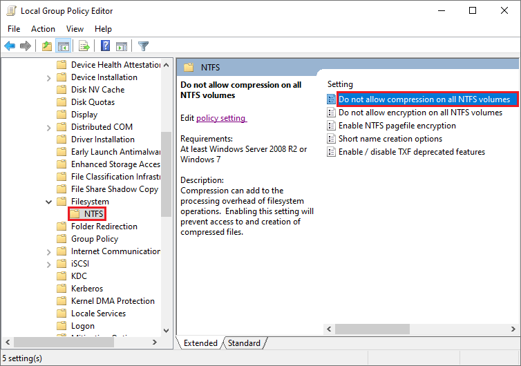 select Do not allow compression on all NTFS volumes