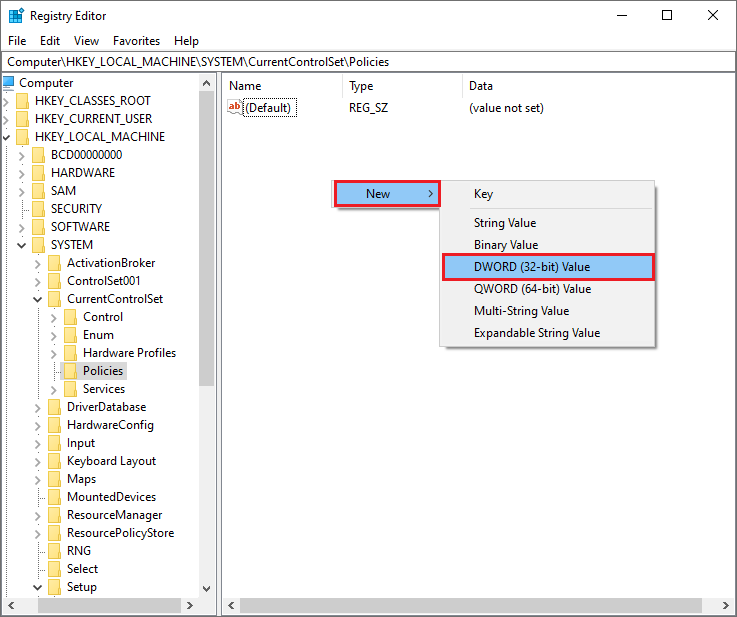 create a new DWORD (32-bit) Value