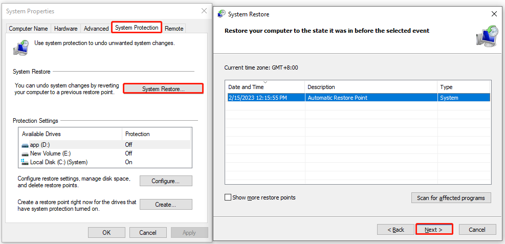 select a restore point