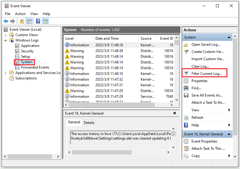 select Filter Current Log