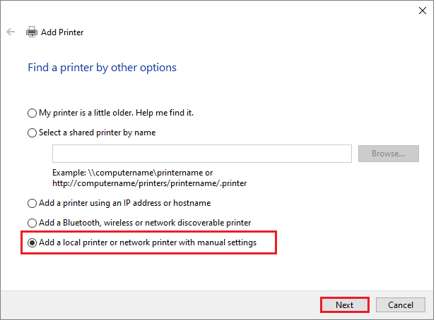 select Add a local printer or network printer with manual settings