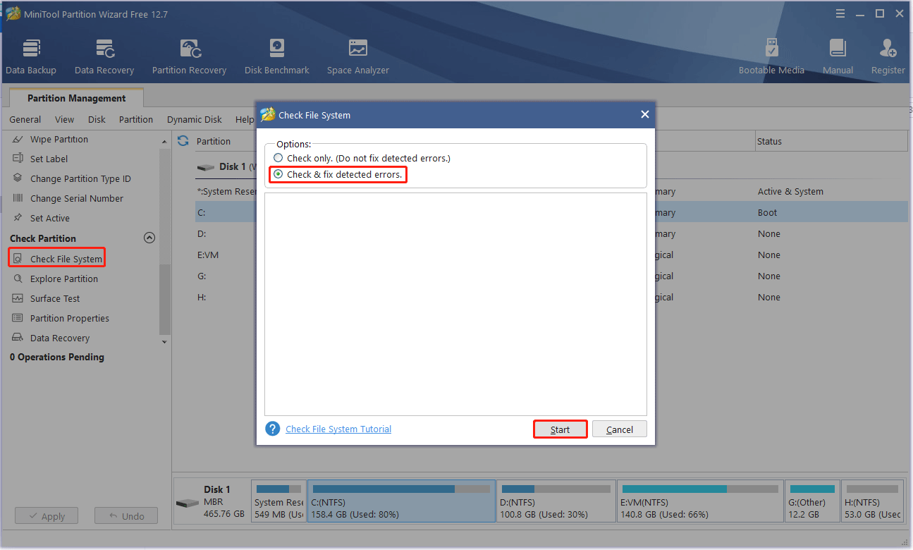 check and fix detected errors