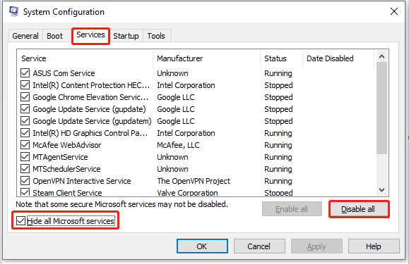 select Disable all