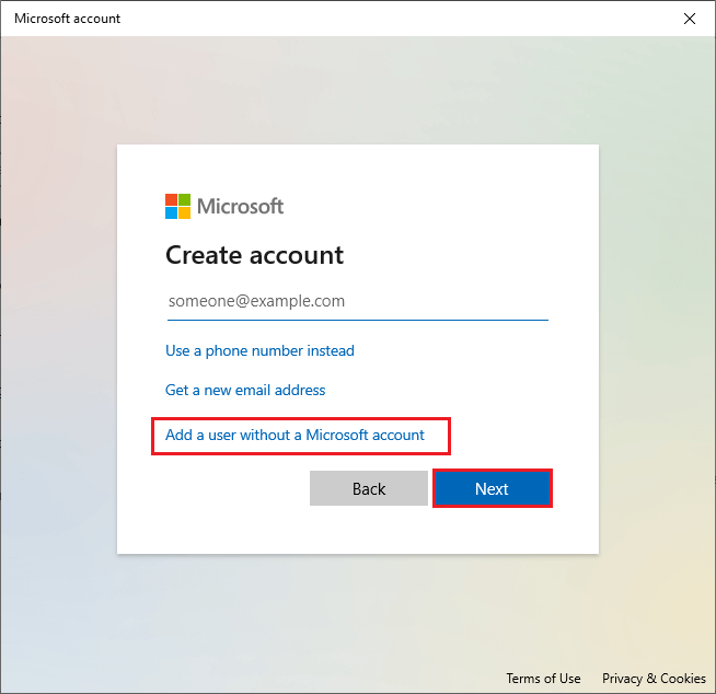 select Add a user without a Microsoft account