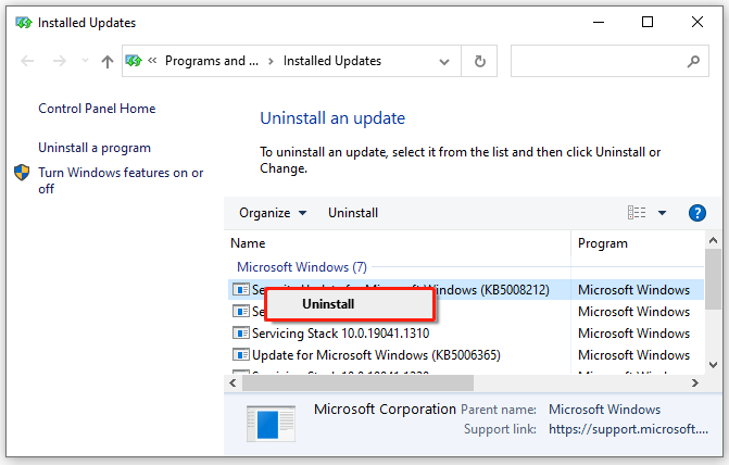 uninstall Windows update