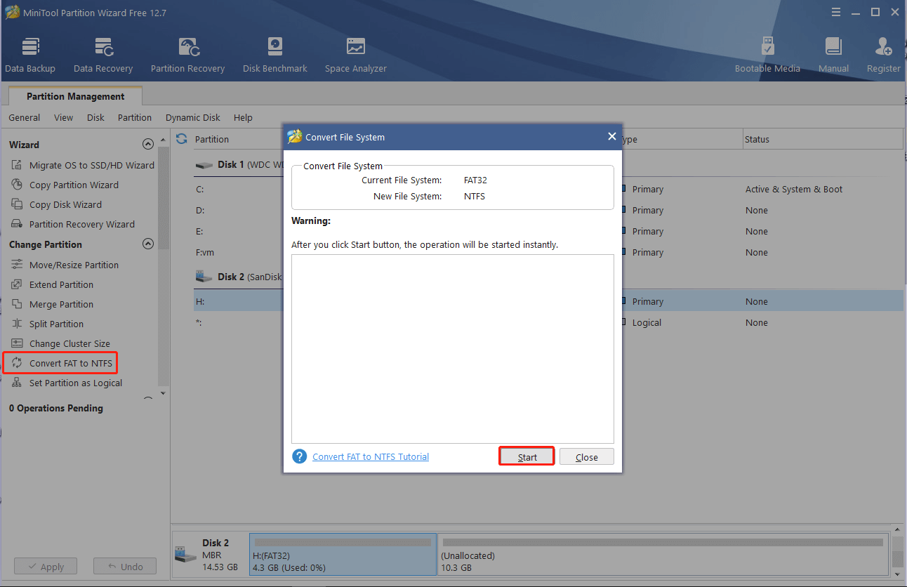 convert FAT32 to NTFS using MiniTool