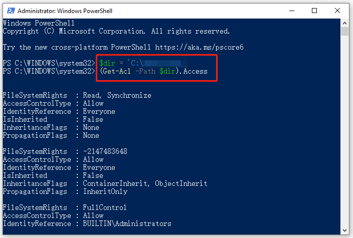 view permissions of a directory using PowerShell
