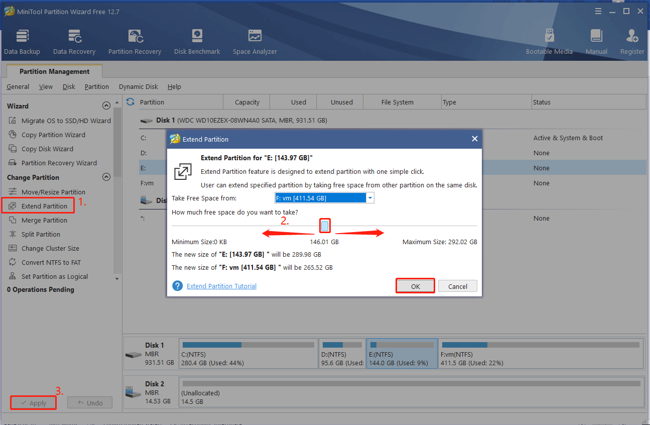 extend partition using the MiniTool Partition Wizard