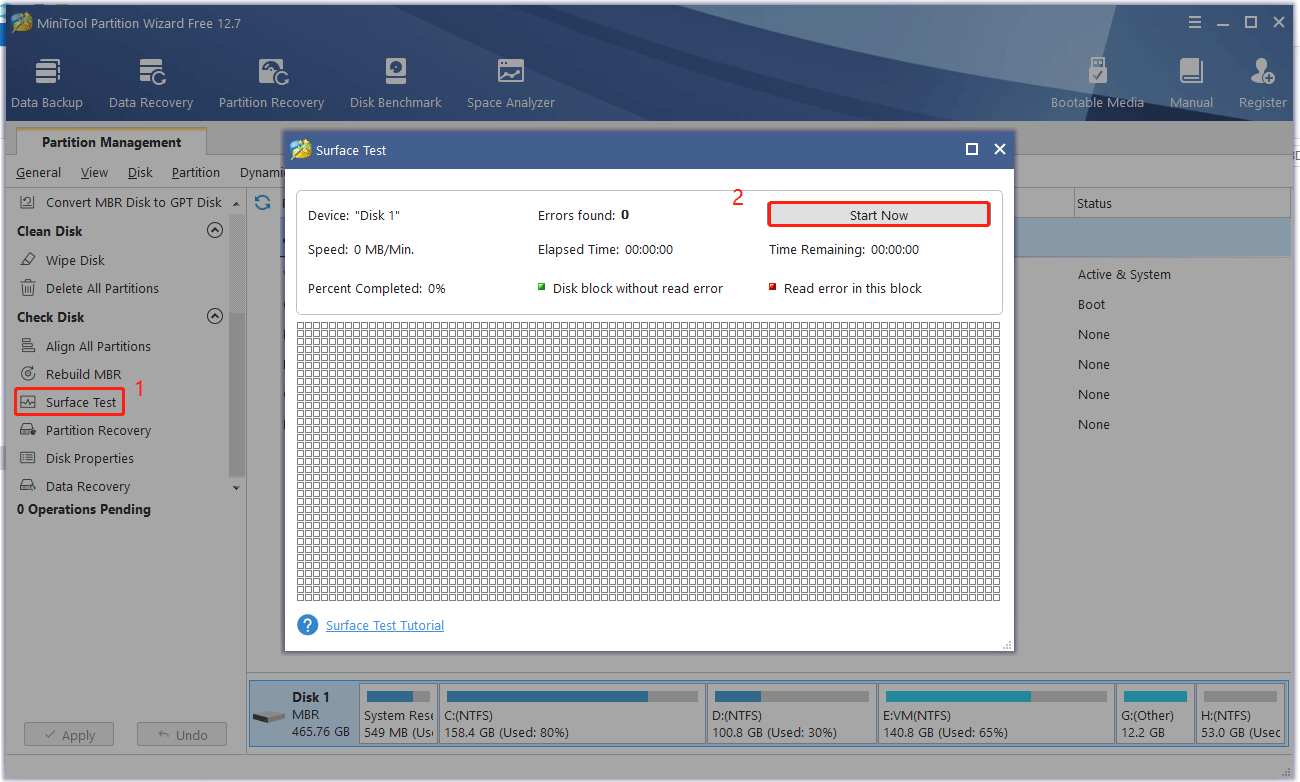 run Surface Test on MiniTool Partition Wizard