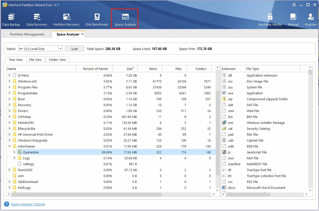 analyze disk space using the MiniTool software