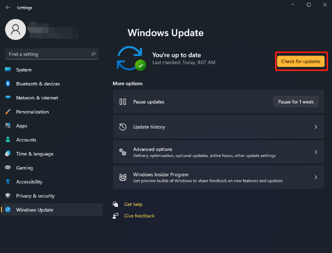 click Check for updates on Windows 11