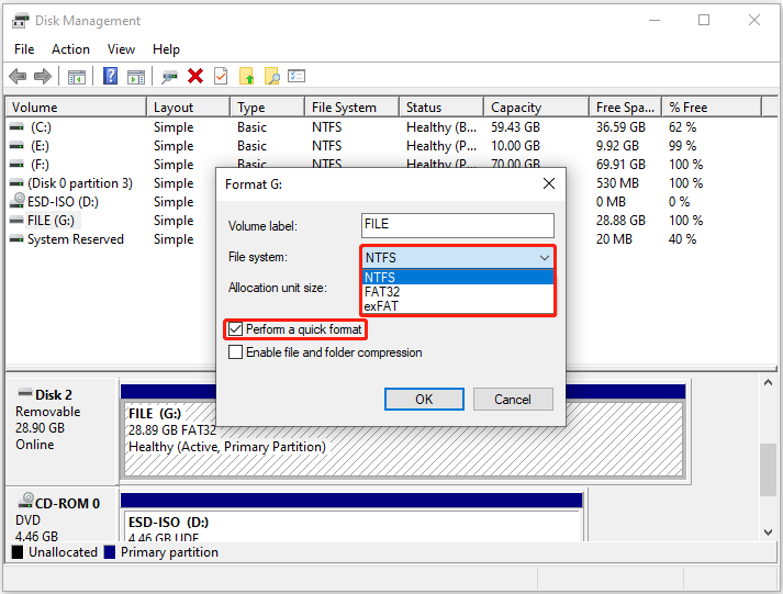Format the hard drive via Disk Management