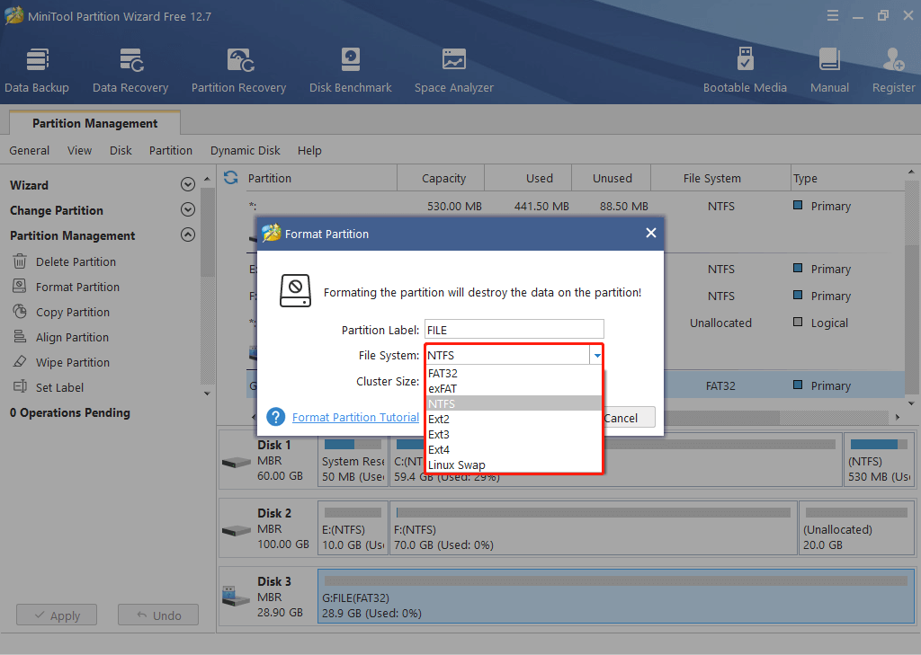 Choose NTFS as the file system