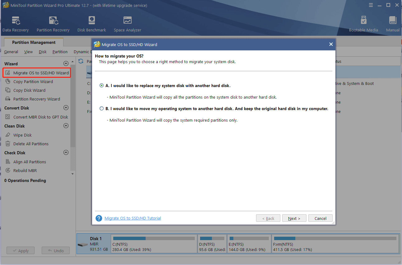 migrate OS using MiniTool