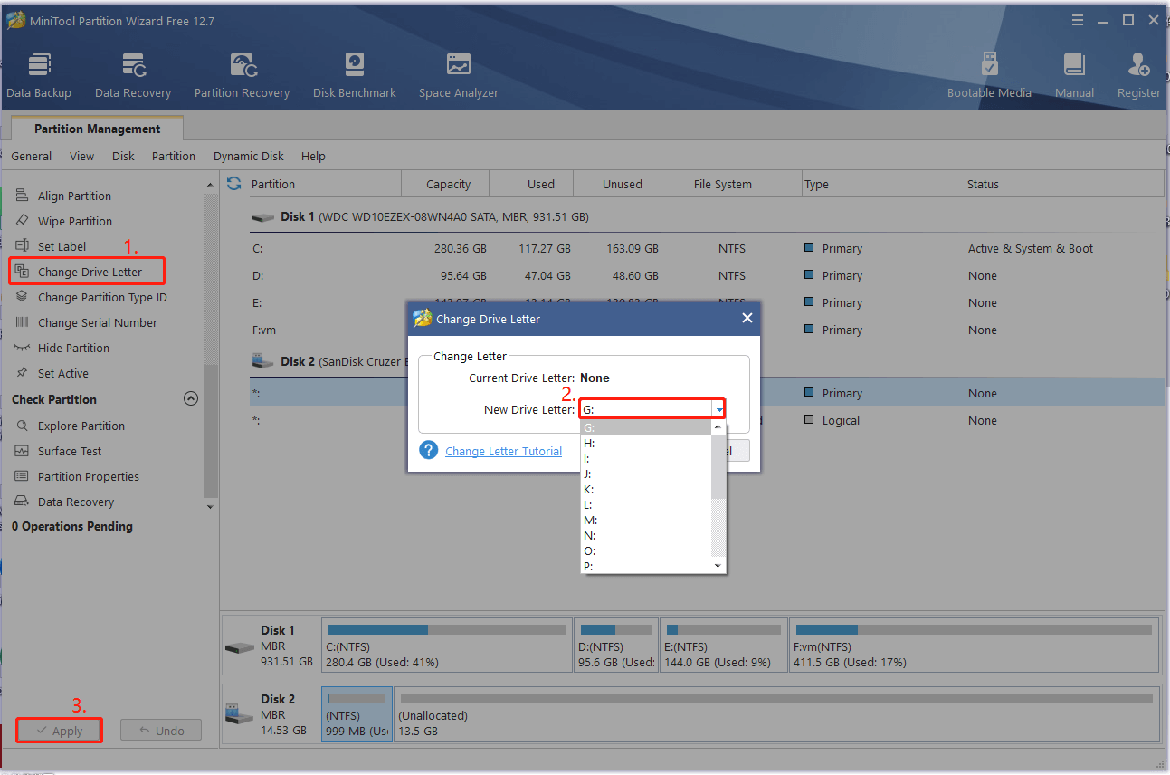 change drive letter using MiniTool