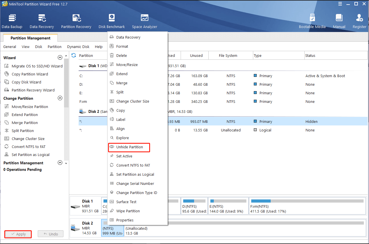 unhide partition using MiniTool