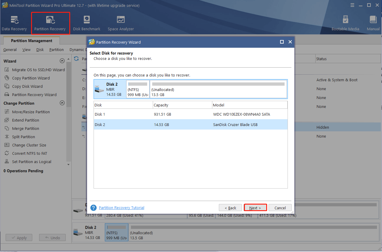 click Partition Recovery on MiniTool