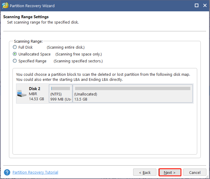 set scanning range on MiniTool