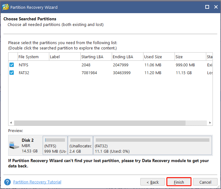 recover lost partitions using MiniTool