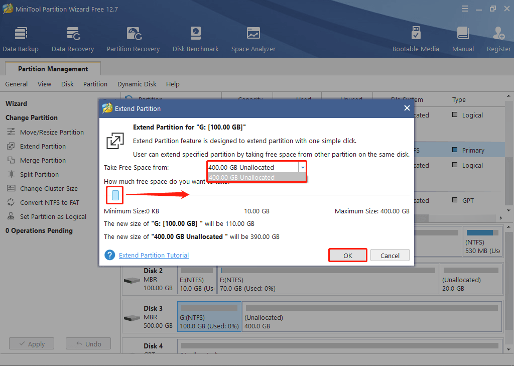 Extend the partition via MiniTool Partition Wizard