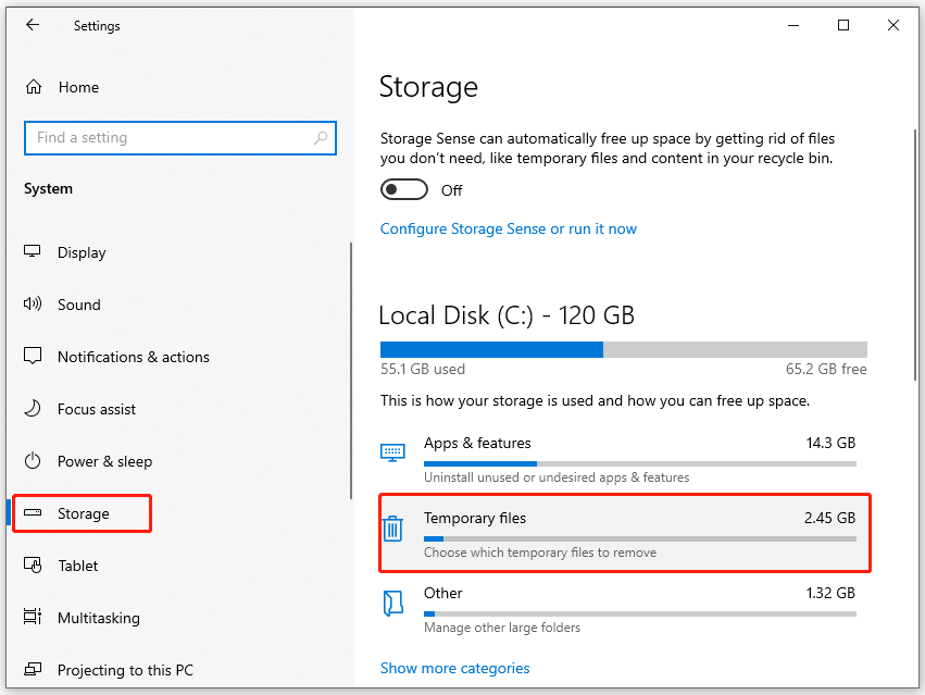 click on Temporary files