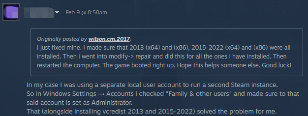 a user report from the Steam community