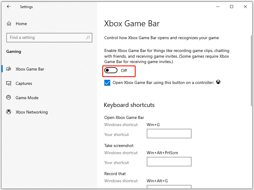 toggle of the Xbox Box Game Bar switch