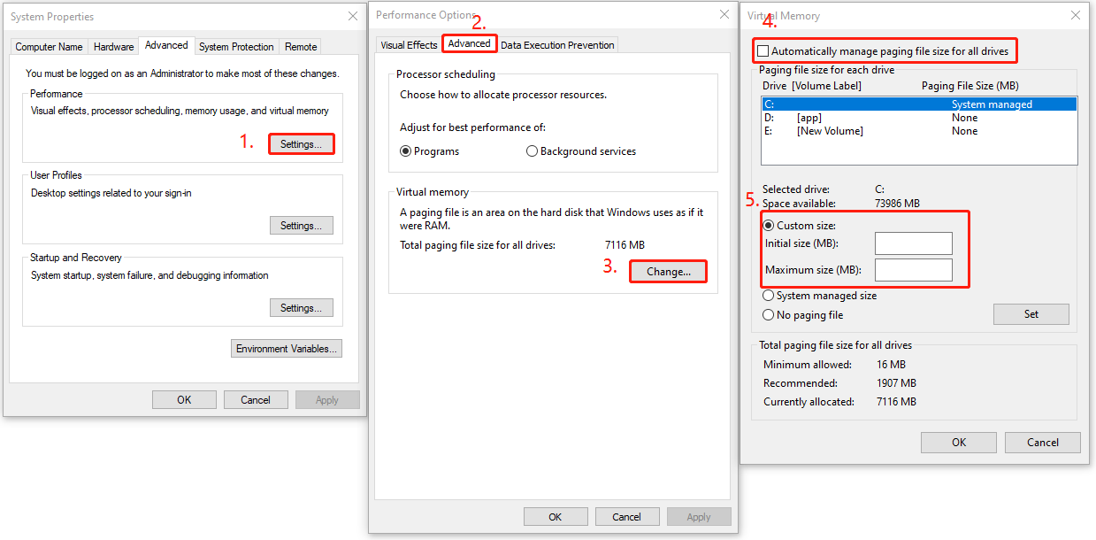 the steps to increase the virtual memory