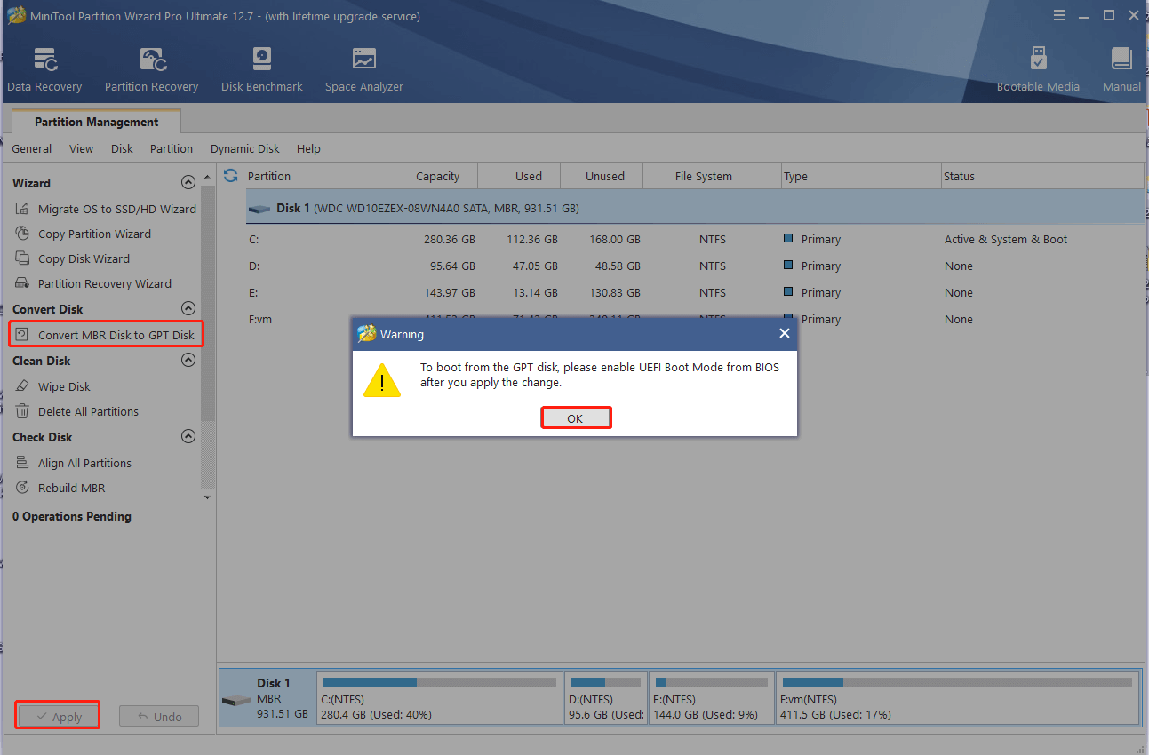 convert MBR to GPT using the MiniTool software