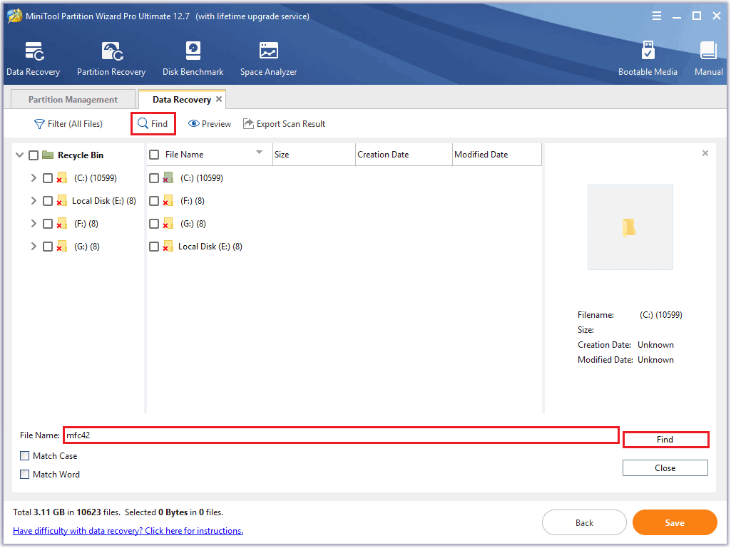 use Find feature to search for the file you want to recover