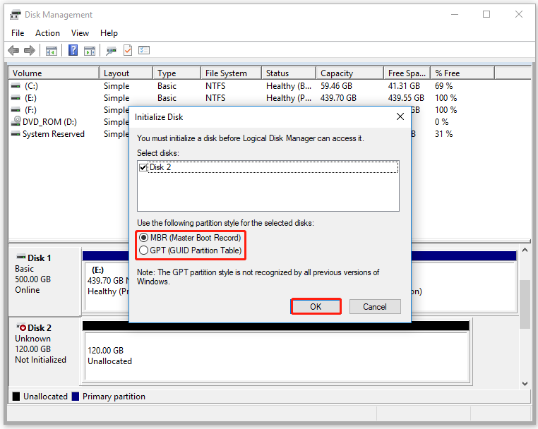 initialize disk to MBR or GPT
