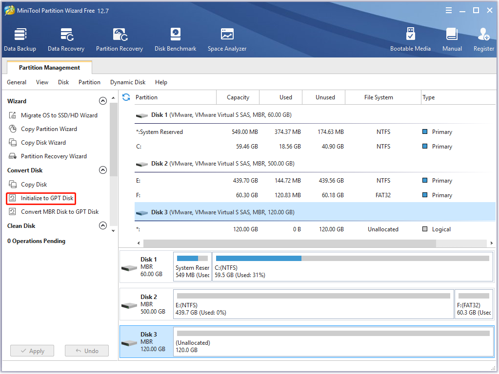 Initialize disk via MiniTool Partition Wizard