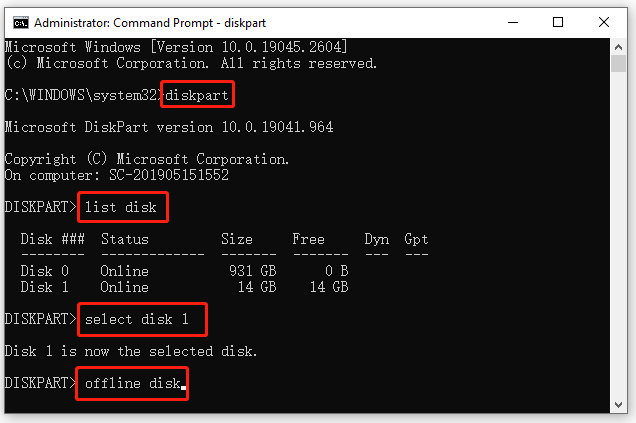 offline or online disk using diskpart