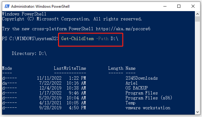 PowerShell find files on the root of the D drive