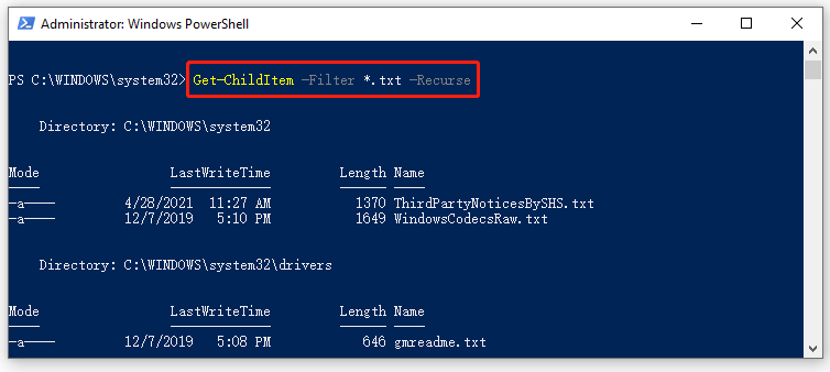 PowerShell find files recursively with txt extension