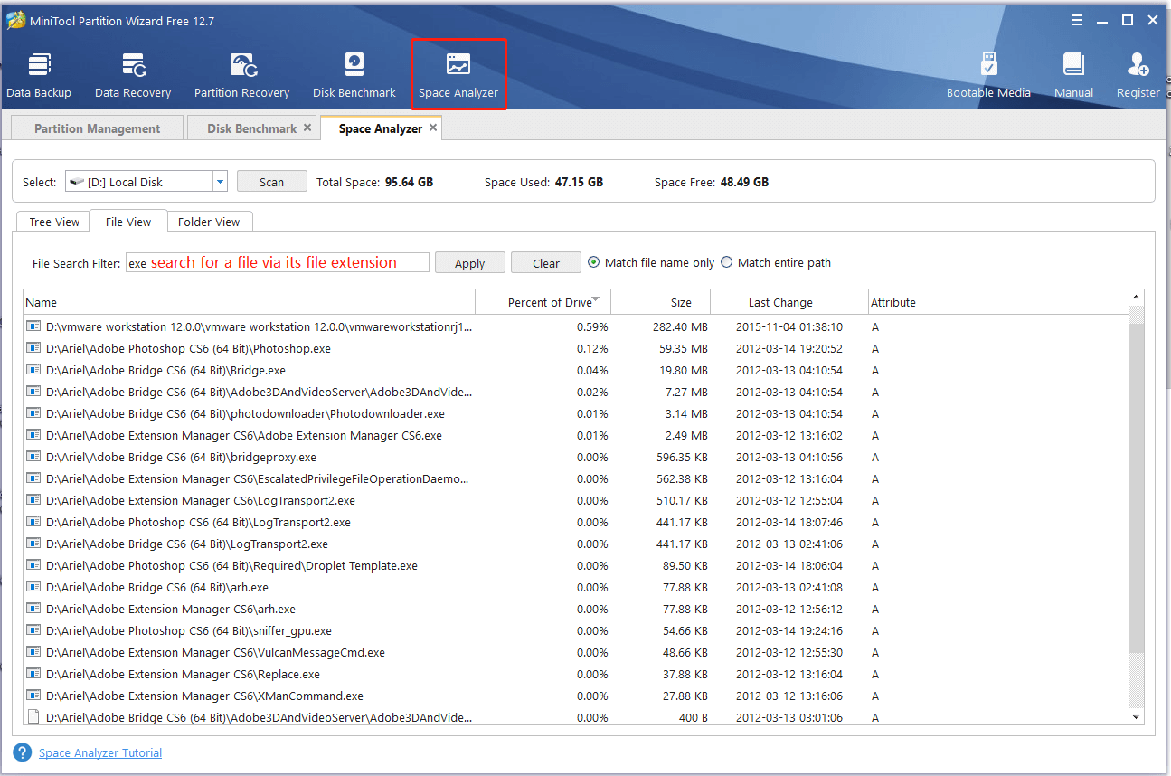 search for a file using MiniTool