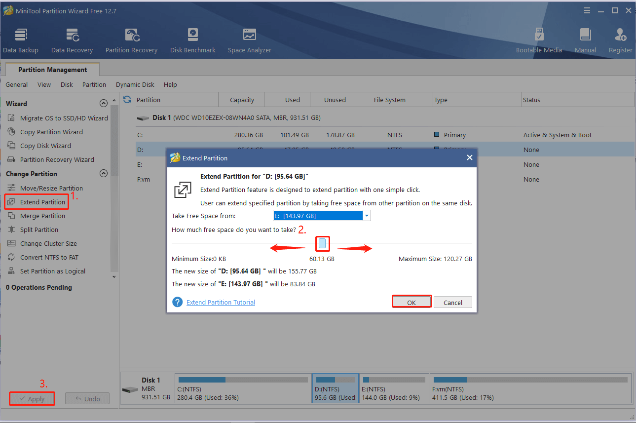 extend partition using MiniTool Partition Wizard