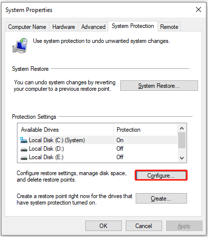 click Configure under Protection Settings