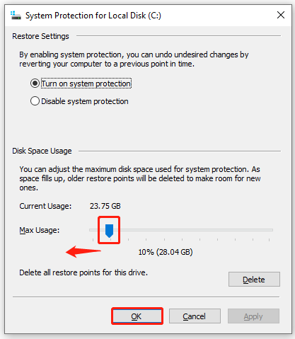 lower disk space usage of System Restore