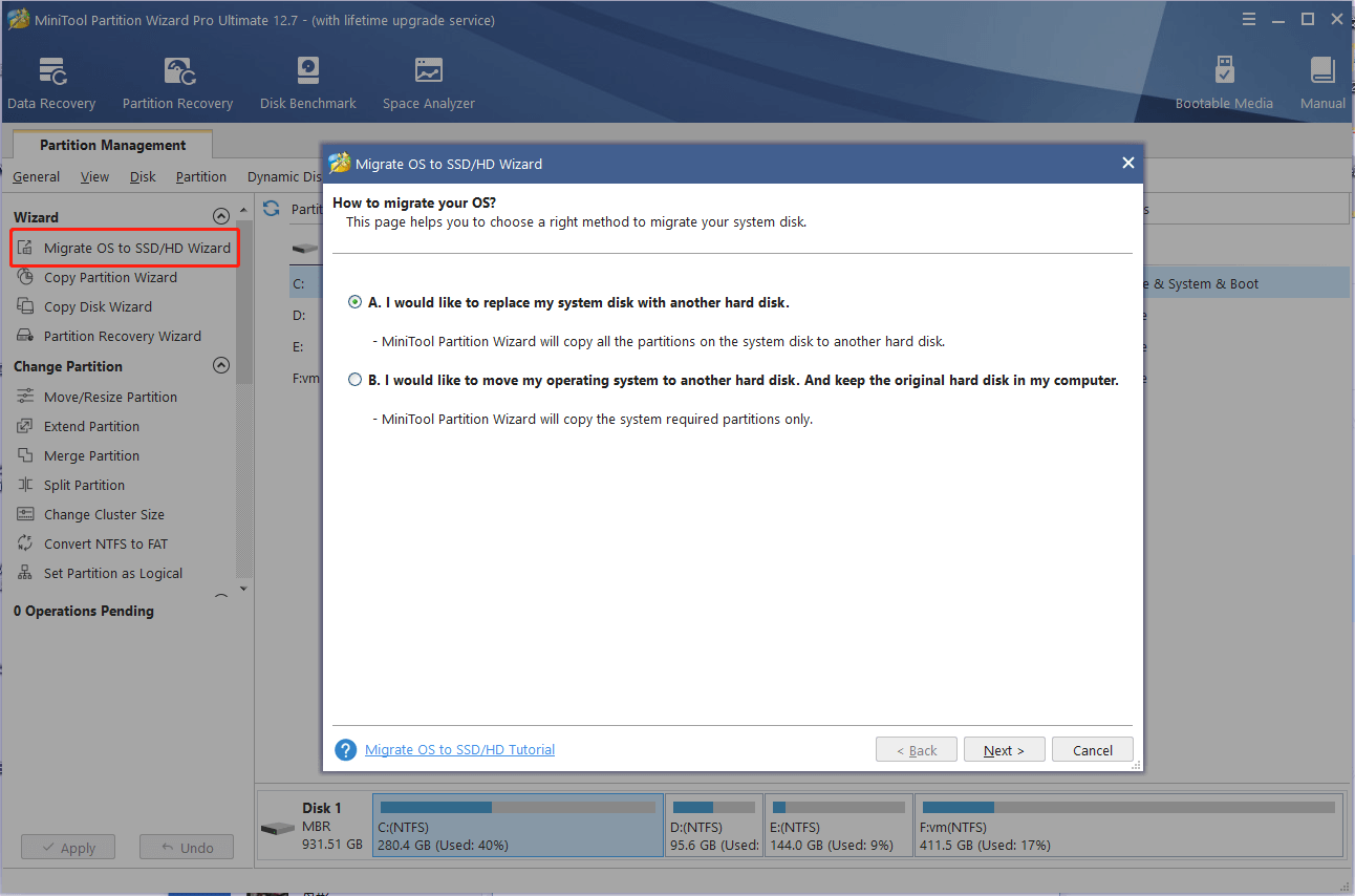 click Migrate OS to SSD on MiniTool