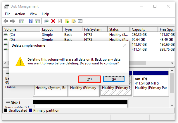 delete a volume in Disk Management