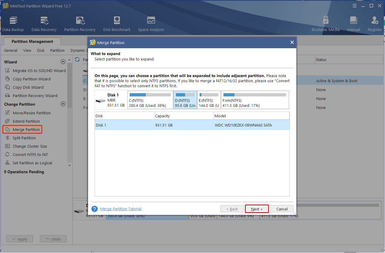 select Merge Partition on MiniTool