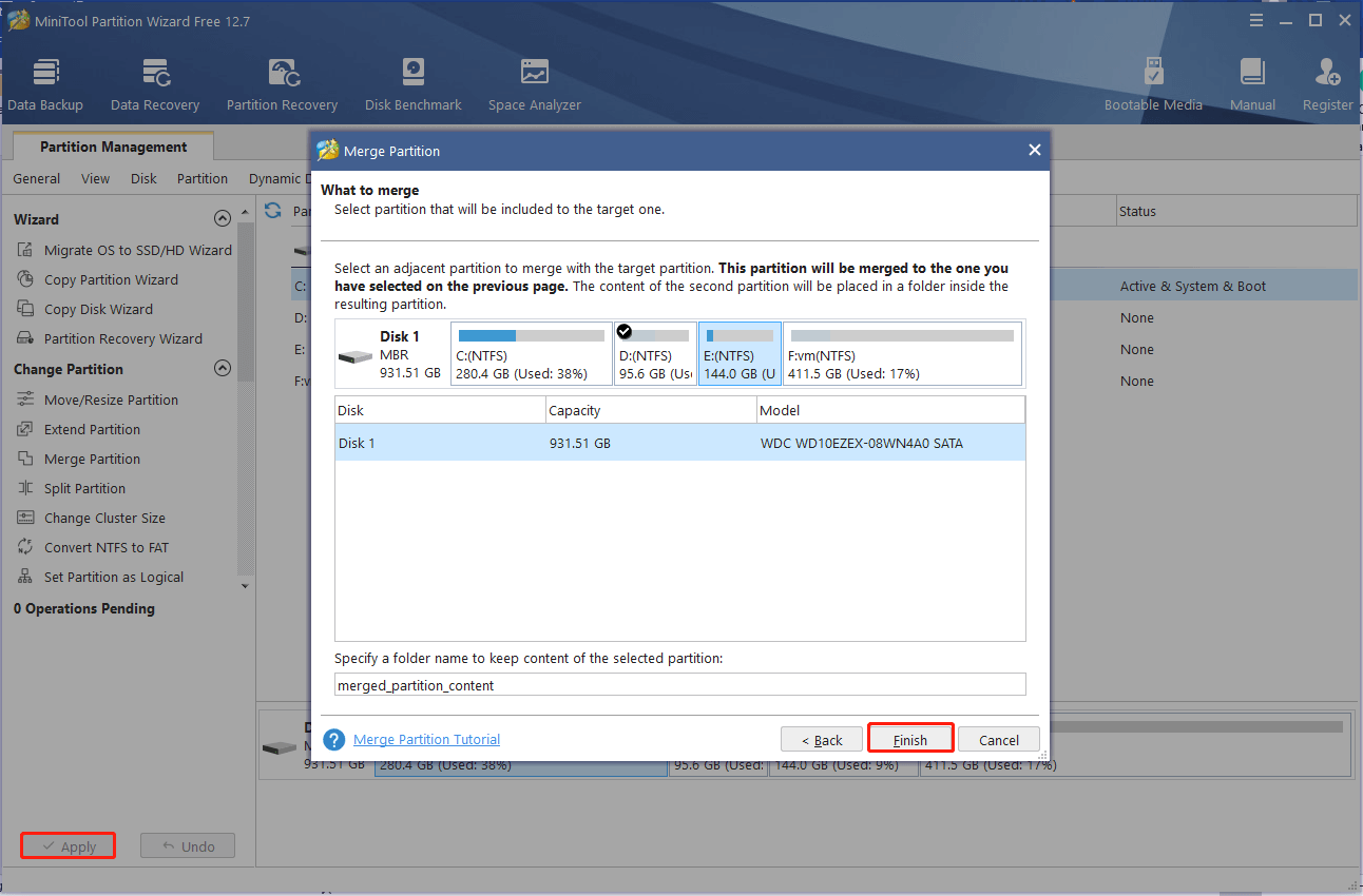 select the merged partition on MiniTool