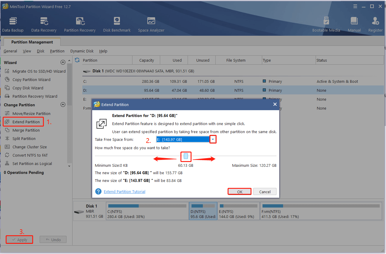 extend partition using MiniTool Partition Wizard