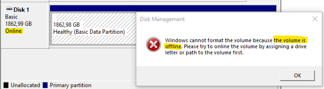 Windows cannot format the volume because the volume is offline