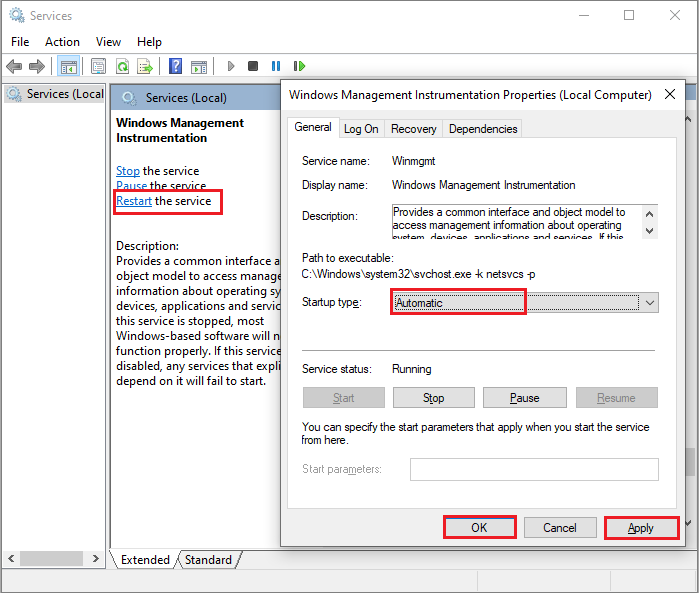 restart the Windows Management Instrumentation service
