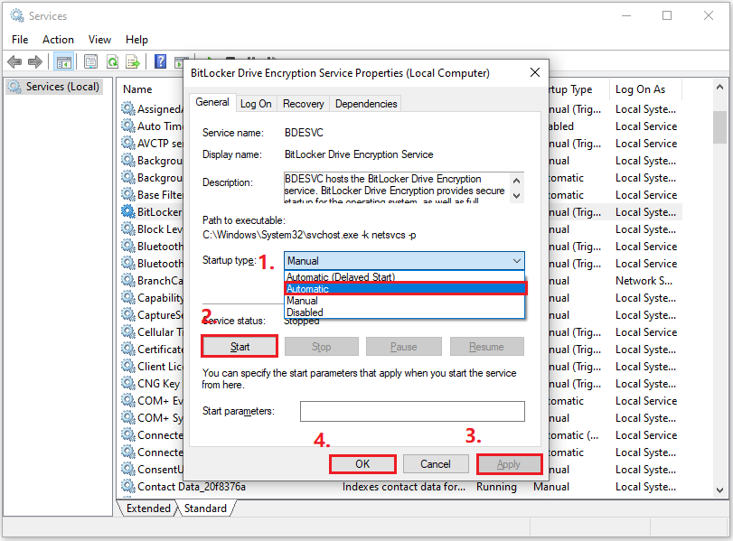 the steps to enable the BitLocker services
