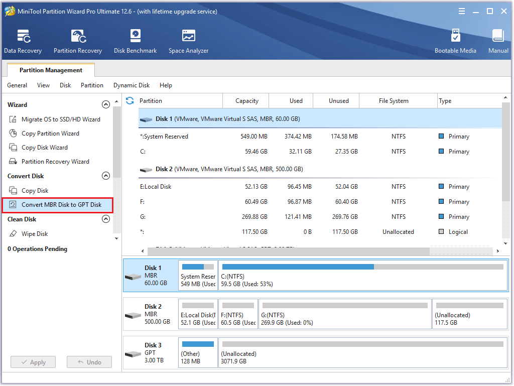 select Convert MBR Disk to GPT Disk from the left panel