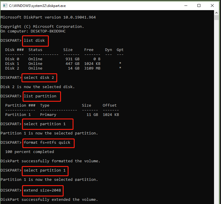 extend USB partition via Diskpart